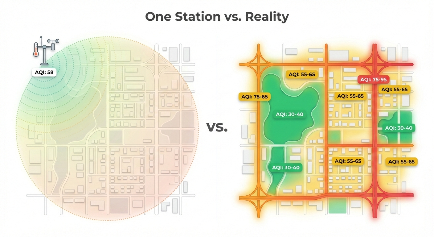 Diagram showing how a single monitoring station provides city-wide AQI vs. actual variation